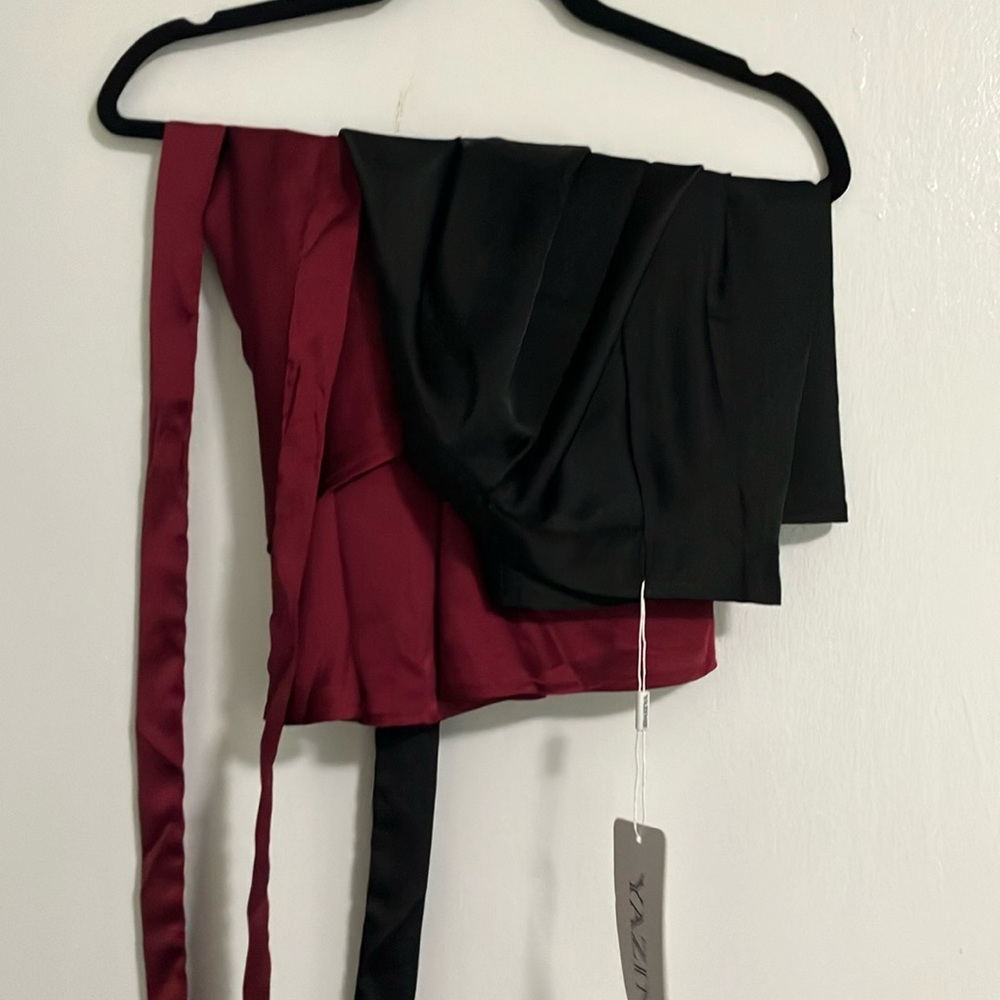 Elegant Black and Burgundy Satin Mini Wrap Skirts